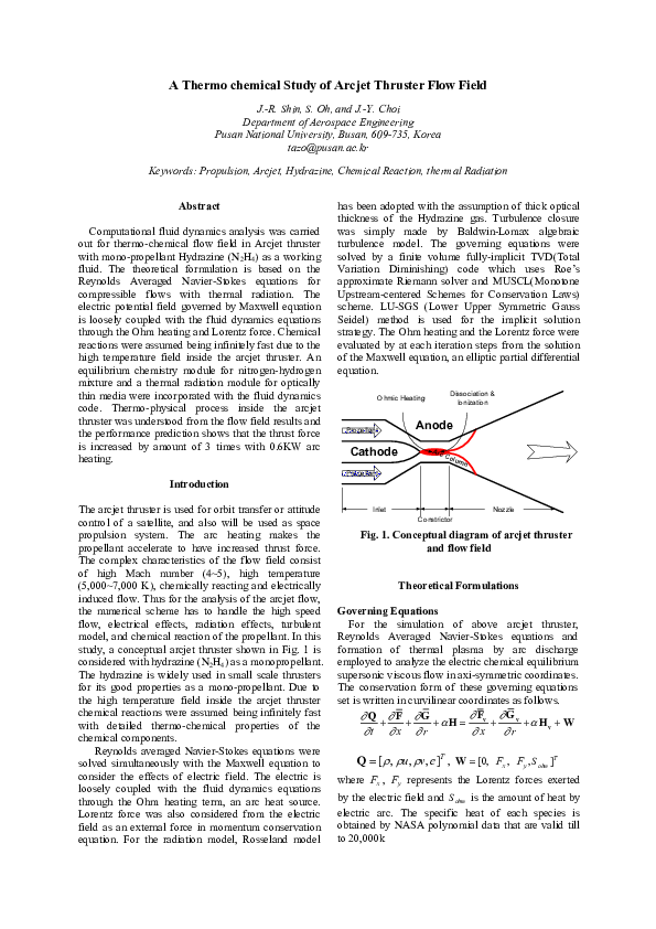 (PDF) A Thermo chemical Study of Arcjet Thruster Flow Field