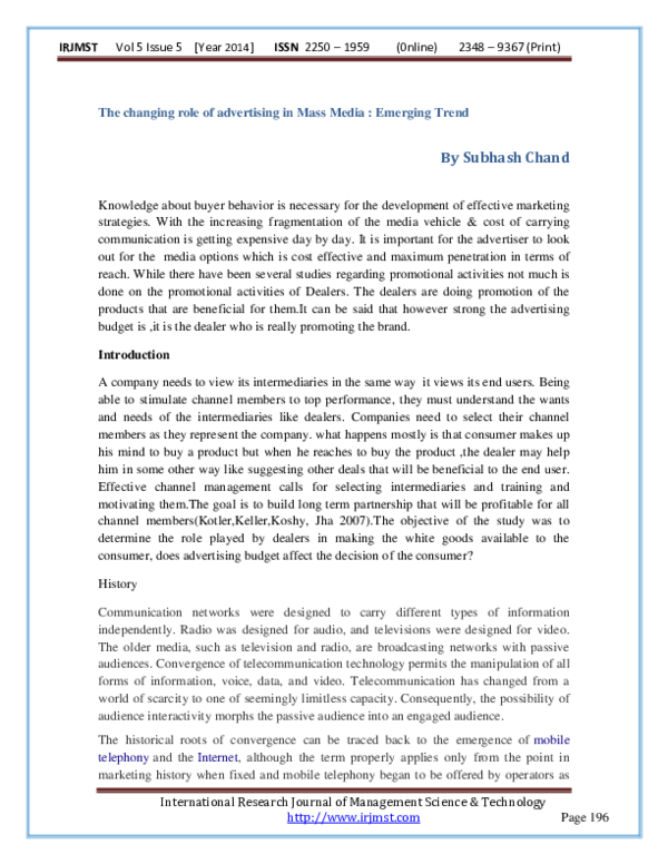 (PDF) The changing role of advertising in Mass Media : Emerging Trend