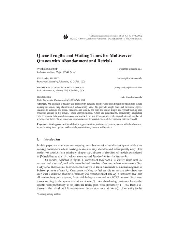 (PDF) Queue Lengths and Waiting Times for Multiserver Queues with ...
