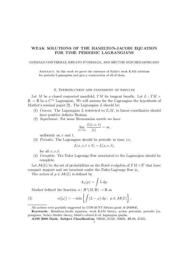 (PDF) WEAK SOLUTIONS OF THE HAMILTON-JACOBI EQUATION FOR TIME PERIODIC ...