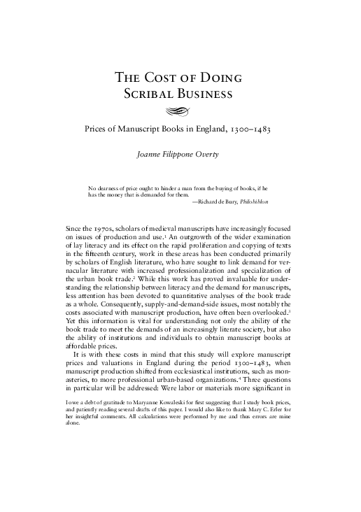 The Cost of Doing Scribal Business: Prices of Manuscript Books in England, 1300-1483