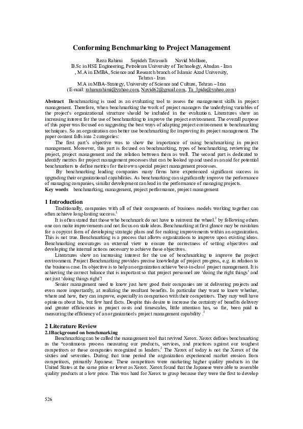 (PDF) Conforming Benchmarking to Project Management