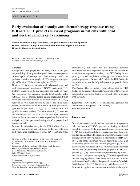 (PDF) Early evaluation of neoadjuvant chemotherapy response using FDG ...