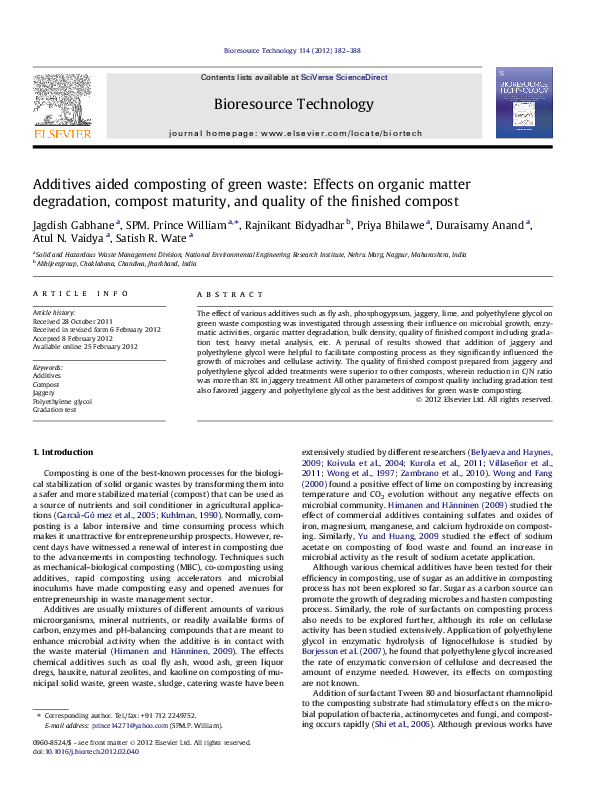 (PDF) Additives aided composting of green waste Effects on organic