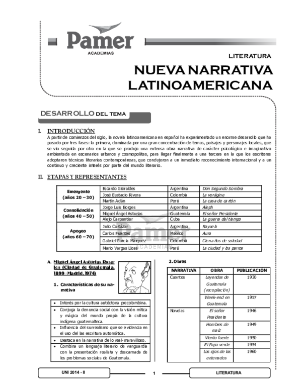 UNI 2014 -II LITERATURA NUEVA NARRATIVA LATINOAMERICANA LITERATURA I. INTRODUCCIÓN Emergente (años 20 – 30) Consolidación (años 40 – 50) Apogeo (años 60 – 70