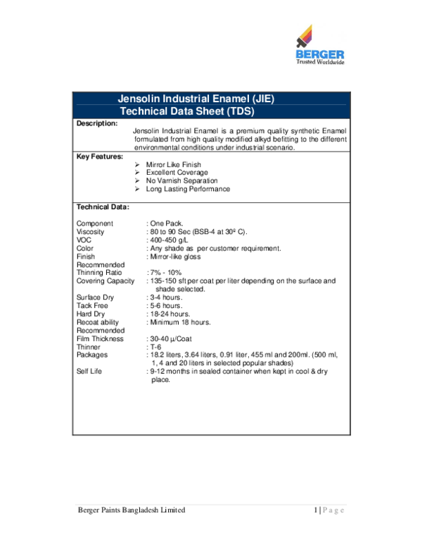 Berger Paints Bangladesh Limited 1 P a g e Jensolin Industrial Enamel