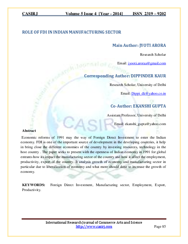 (PDF) ROLE OF FDI IN INDIAN MANUFACTURING SECTOR