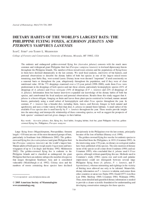 (PDF) DIETARY HABITS OF THE WORLD'S LARGEST BATS THE PHILIPPINE FLYING