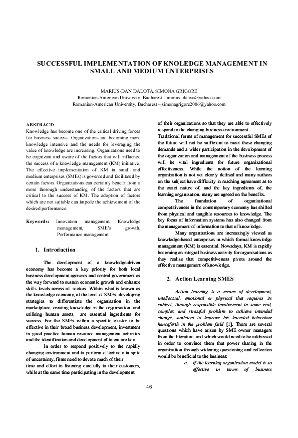 (PDF) SUCCESSFUL IMPLEMENTATION OF KNOLEDGE MANAGEMENT IN SMALL AND ...