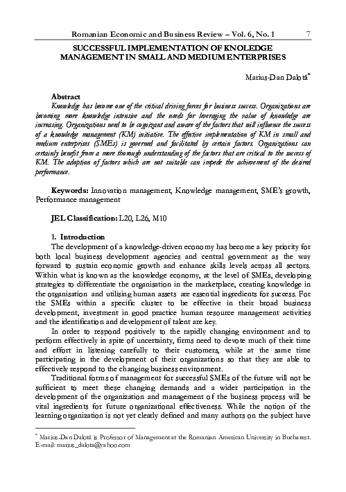(PDF) SUCCESSFUL IMPLEMENTATION OF KNOLEDGE MANAGEMENT IN SMALL AND ...