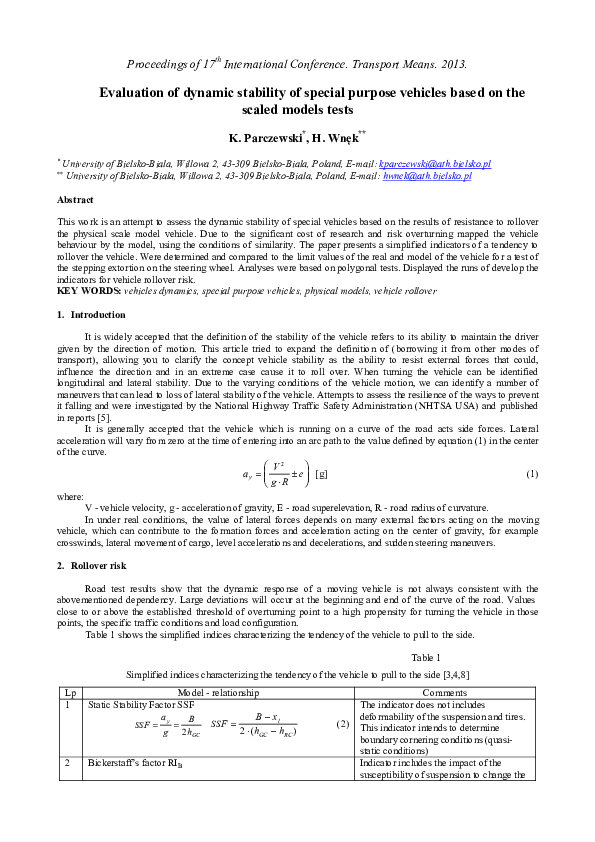(PDF) Evaluation of dynamic stability of special purpose vehicles based ...