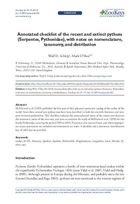Annotated checklist of the recent and extinct pythons (Serpentes ...