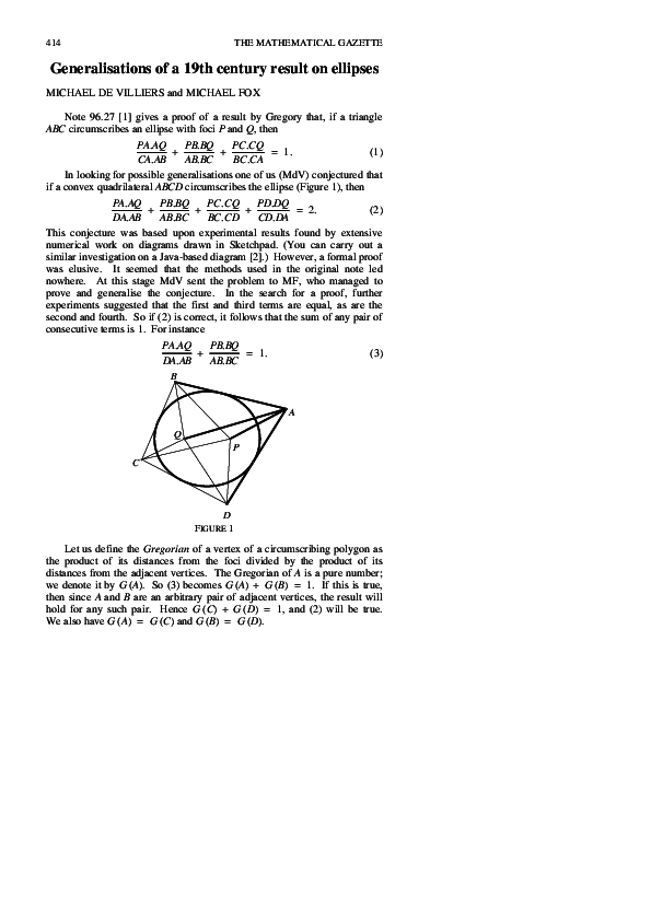Generalisations of a 19th century result on ellipses