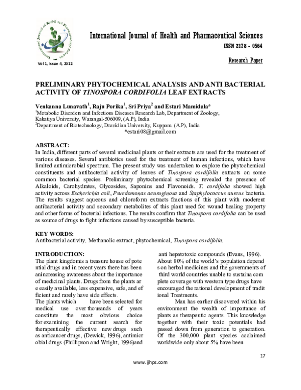 (PDF) PRELIMINARY PHYTOCHEMICAL ANALYSIS AND ANTI BACTERIAL ACTIVITY OF ...