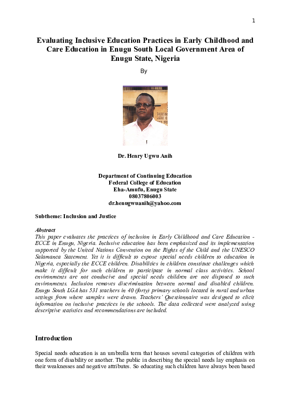 (DOC) Evaluating Inclusive Education Practices in Early Childhood and ...
