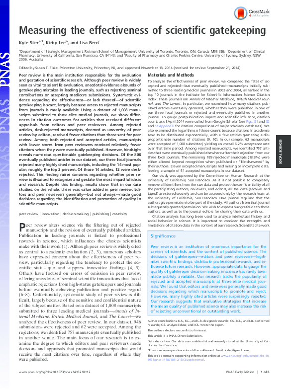 (PDF) Measuring the effectiveness of scientific gatekeeping - Siler et al