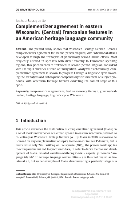 (PDF) Complementizer agreement in eastern Wisconsin: (Central ...