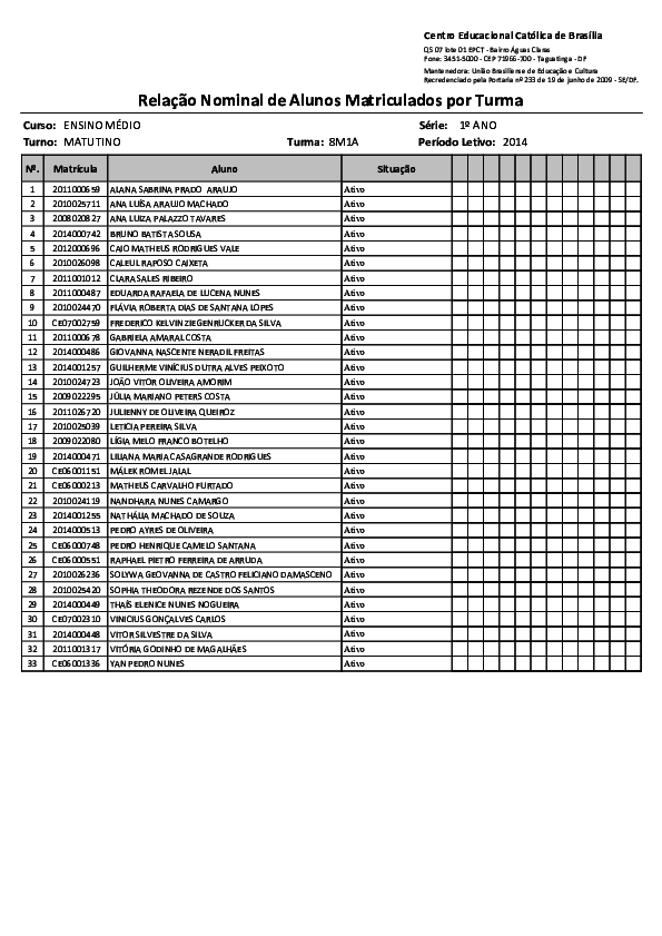(PDF) Relação Nominal de Alunos Matriculados por Turma Taguatinga DF ENSINO MÉDIO Curso Série