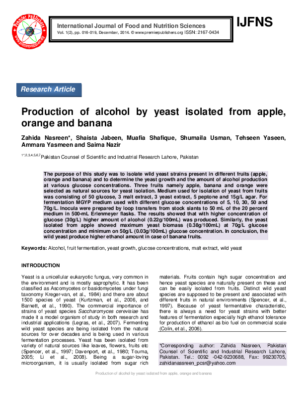 (PDF) Production of alcohol by yeast isolated from apple, orange and banana