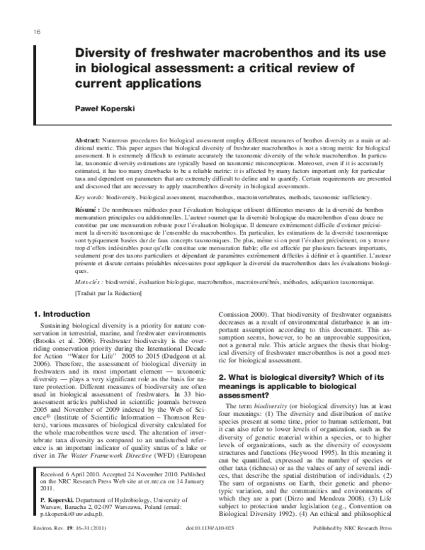 (PDF) Diversity of freshwater macrobenthos and its use in biological ...