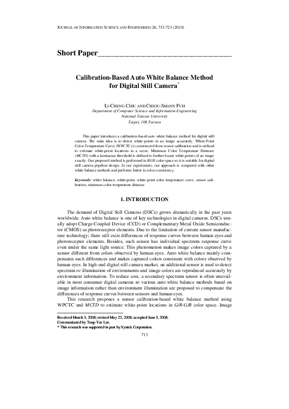 (PDF) CalibrationBased Auto White Balance Method for Digital Still