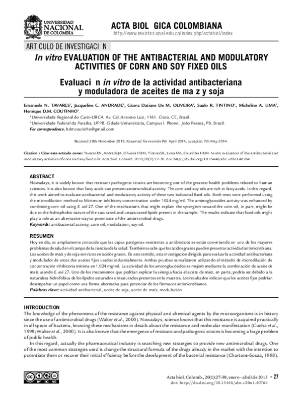 (PDF) In vitro EVALUATION OF THE ANTIBACTERIAL AND MODULATORY ...