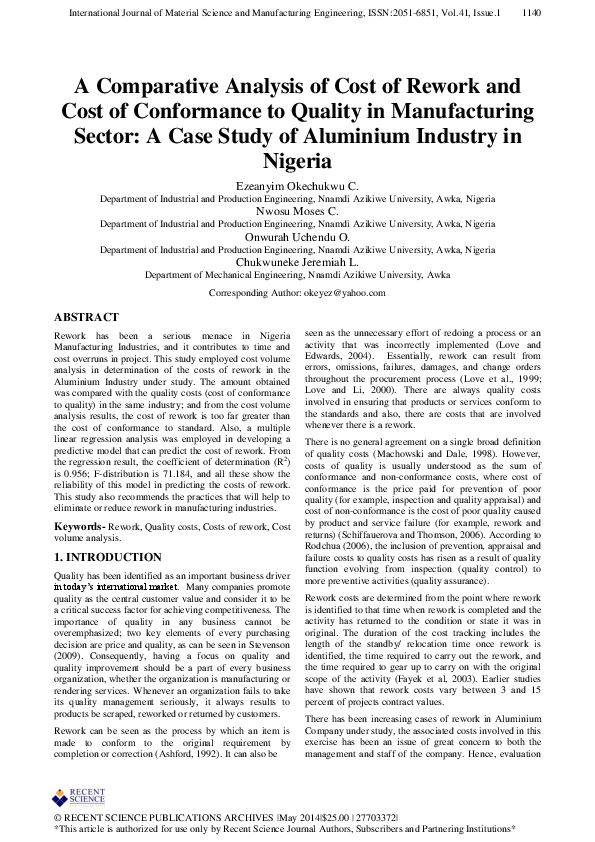 A Comparative Analysis of Cost of Rework and Cost of Conformance to Quality in Manufacturing