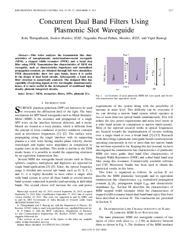 (PDF) Concurrent Dual Band Filters Using Plasmonic Slot Waveguide