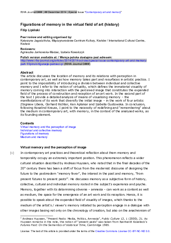 (PDF) Figurations of Memory in the Virtual Field of Art (History)