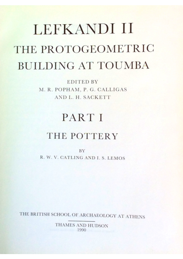 (PDF) Lefkandi II. The Protogeometric Building at Toumba
