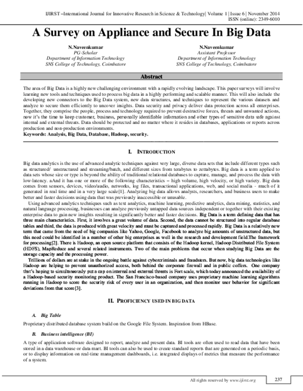 (PDF) A Survey on Appliance and Secure In Big Data