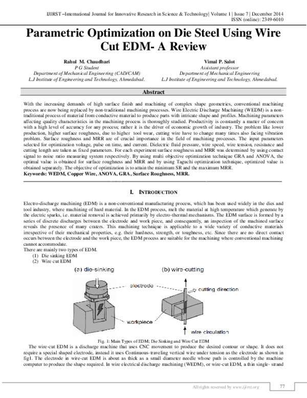 (PDF) Parametric Optimization on Die Steel using Wire Cut EDM - A Review