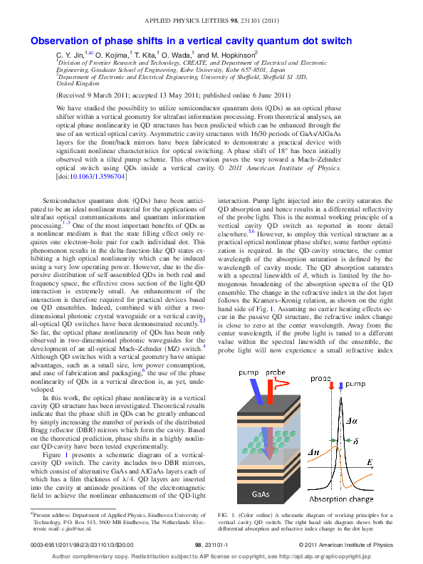 Observation of phase shifts in a vertical cavity quantum dot switch