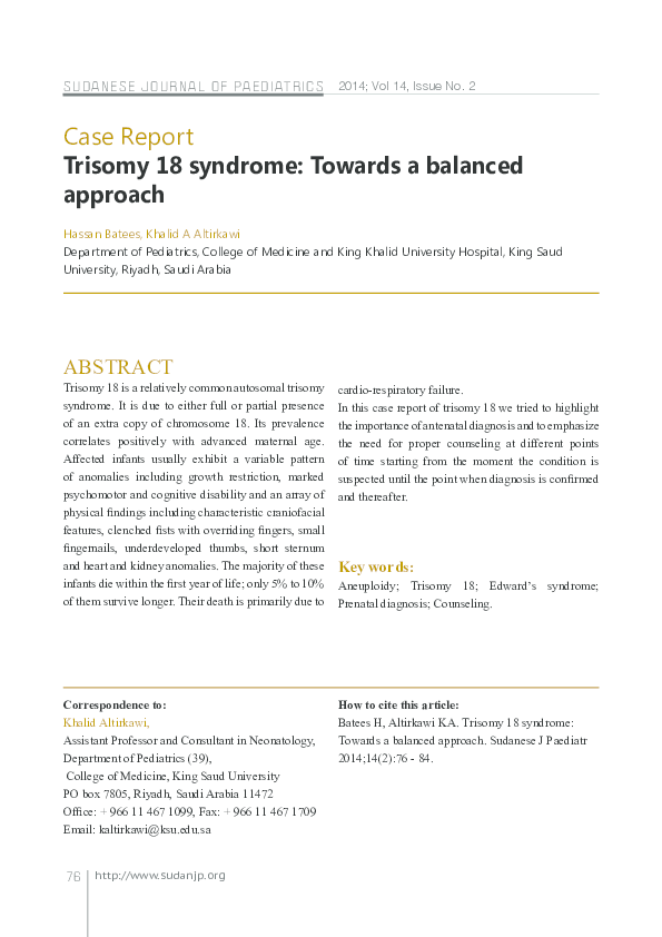 (PDF) Trisomy 18 syndrome towards a balanced approach Khalid