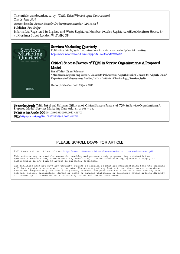 (PDF) Critical success factors of TQM in service organizations: a ...