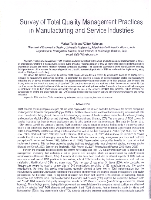 (PDF) Survey of total quality management practices in manufacturing and ...