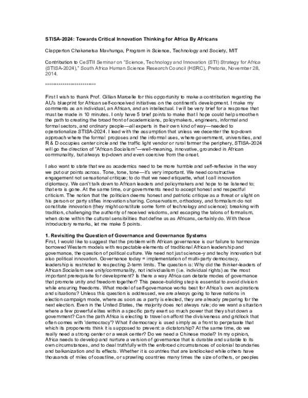 (PDF) STISA-2024: Towards Critical Innovation Thinking for Africa By ...
