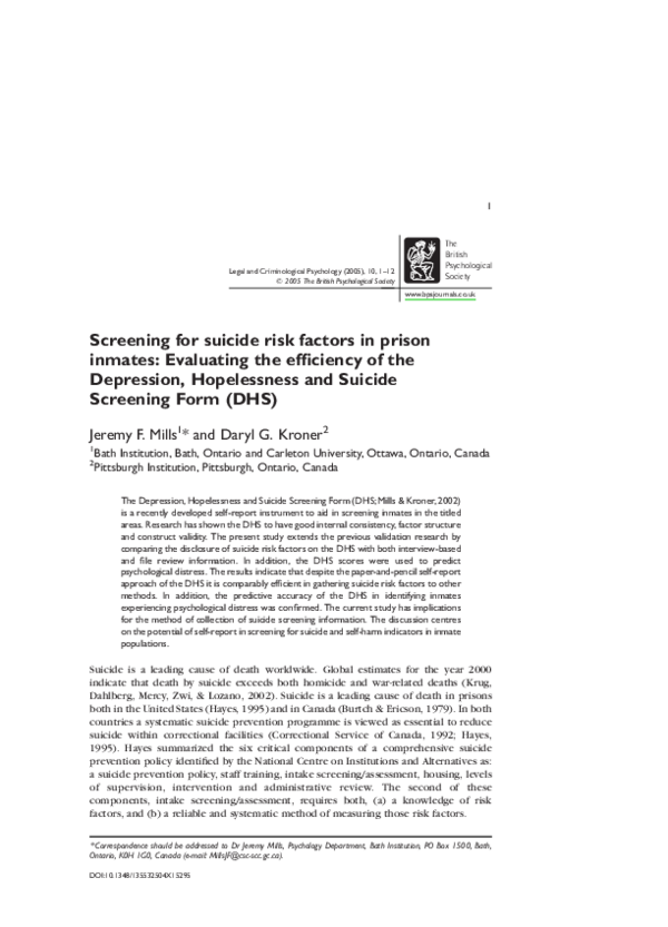 (PDF) Screening for suicide risk factors in prison inmates: Evaluating ...