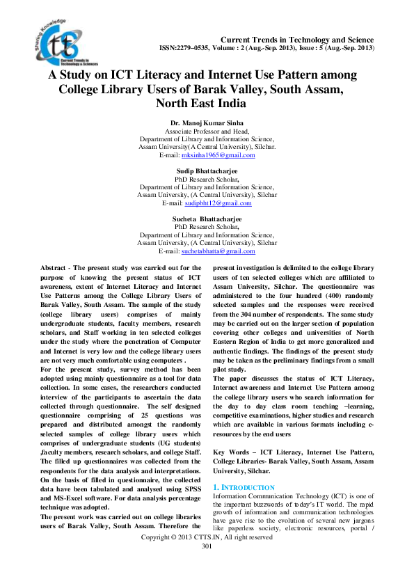 (PDF) A Study on ICT Literacy and Internet Use Pattern among College ...