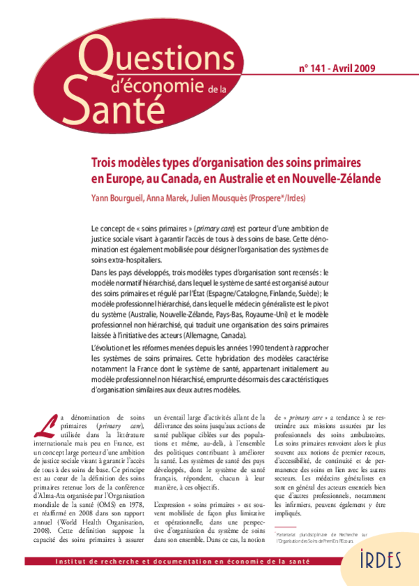 Pdf Trois Modeles Types D Organisation Des Soins Primaires En Europe Au Canada En Australie Et En Nouvelle Zelande Yann Bourgueil Academia Edu