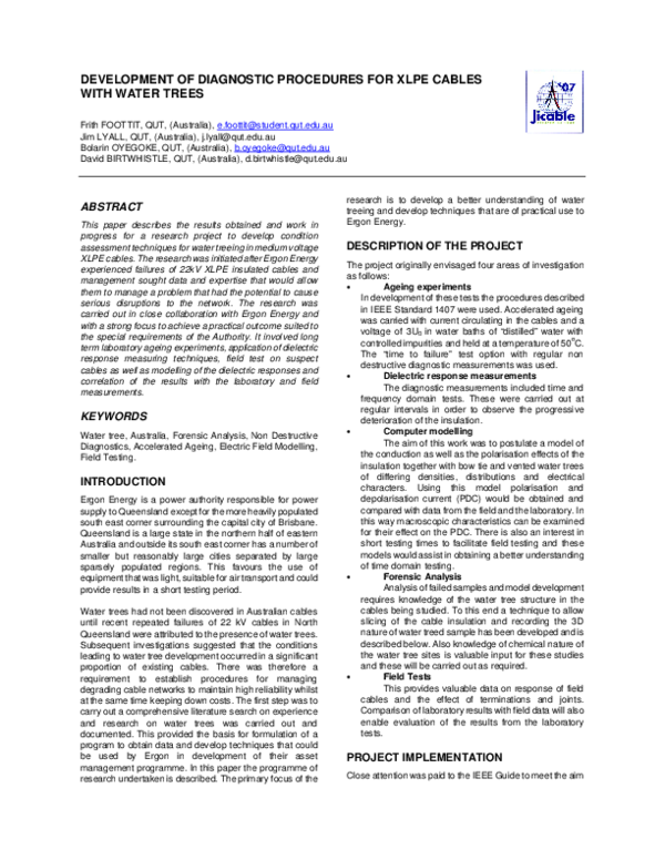 (PDF) DEVELOPMENT OF DIAGNOSTIC PROCEDURES FOR XLPE CABLES WITH WATER TREES