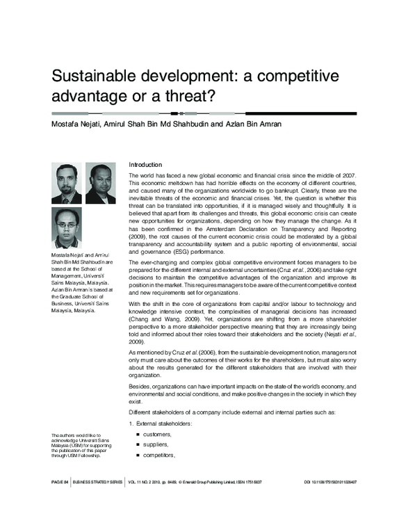 (PDF) Sustainable development: a competitive advantage or a threat?