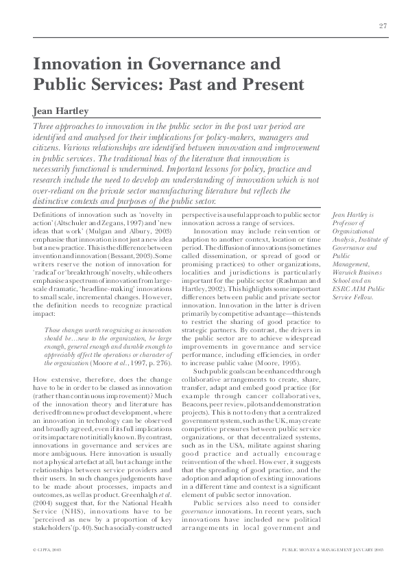 (PDF) Innovation in Governance and Public Services: Past and Present