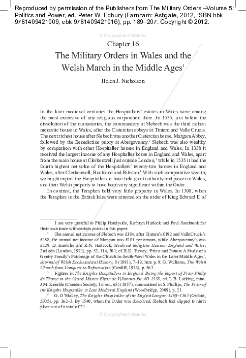 ‘The Military Orders in Wales and the Welsh March in the Middle Ages’