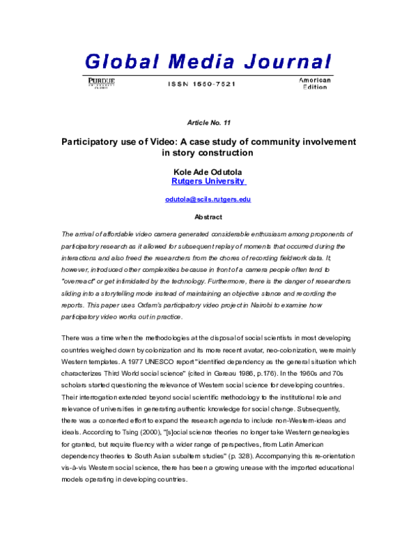 (DOC) Participatory Use of Video: A Case Study of Community Involvement ...