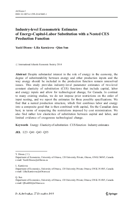 (PDF) Industry-level econometric estimates of energy-capital-labor ...