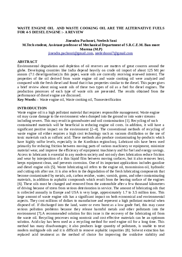 (DOC) WASTE ENGINE OIL AND WASTE COOKING OIL ARE THE ALTERNATIVE FUELS