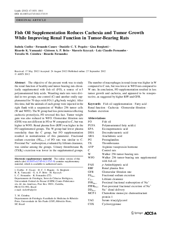 (PDF) Fish Oil Supplementation Reduces Cachexia and Tumor Growth While