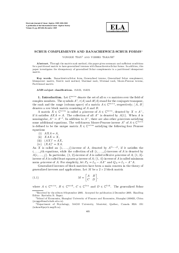 (PDF) SCHUR COMPLEMENTS AND BANACHIEWICZ-SCHUR FORMS
