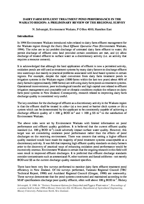 (PDF) Dairy farm effluent treatment ponds performance in the Waikato ...
